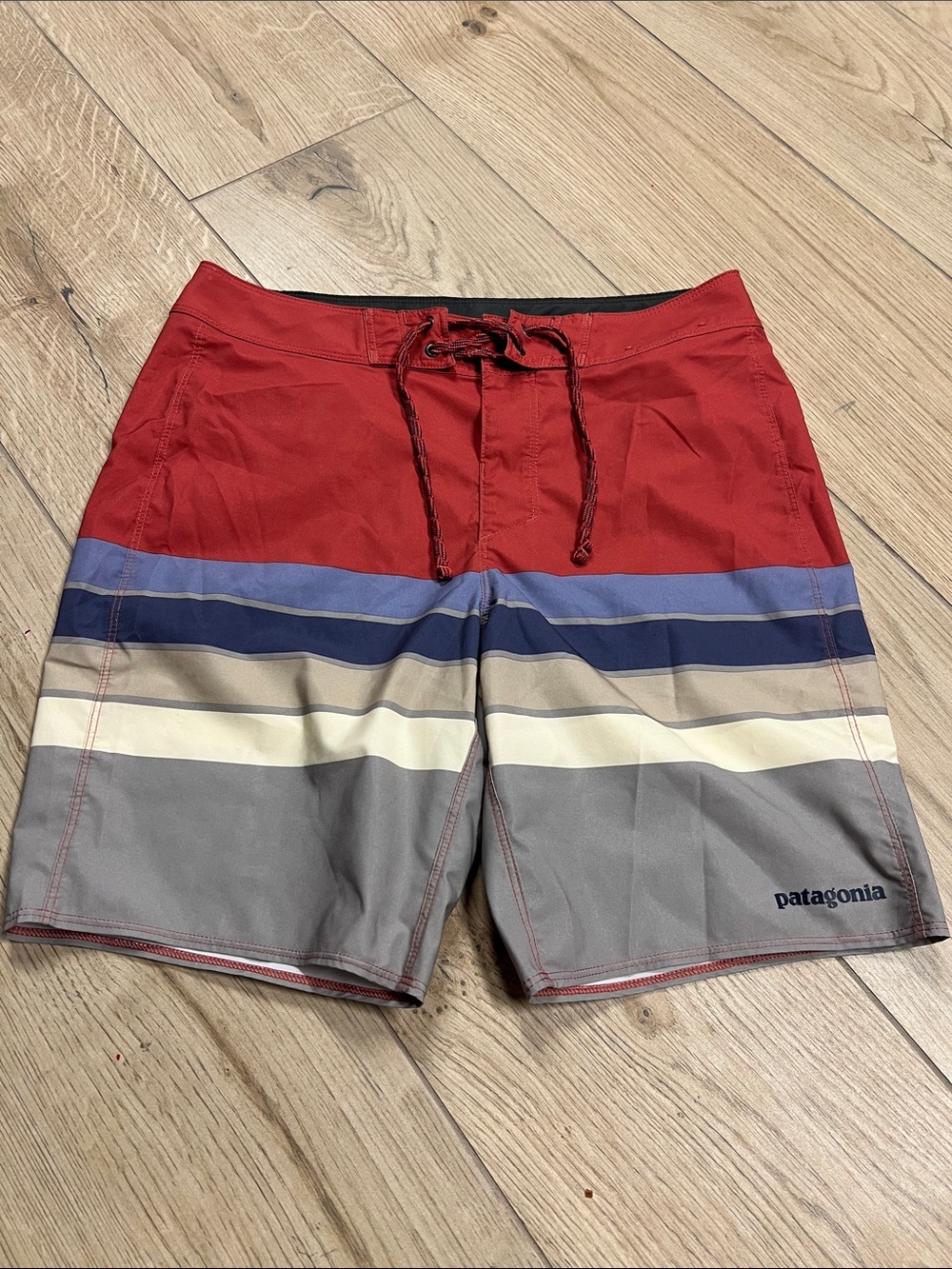 Patagonia Men’s Red, Blue, Navy & Gray Stripe Swim Trunks